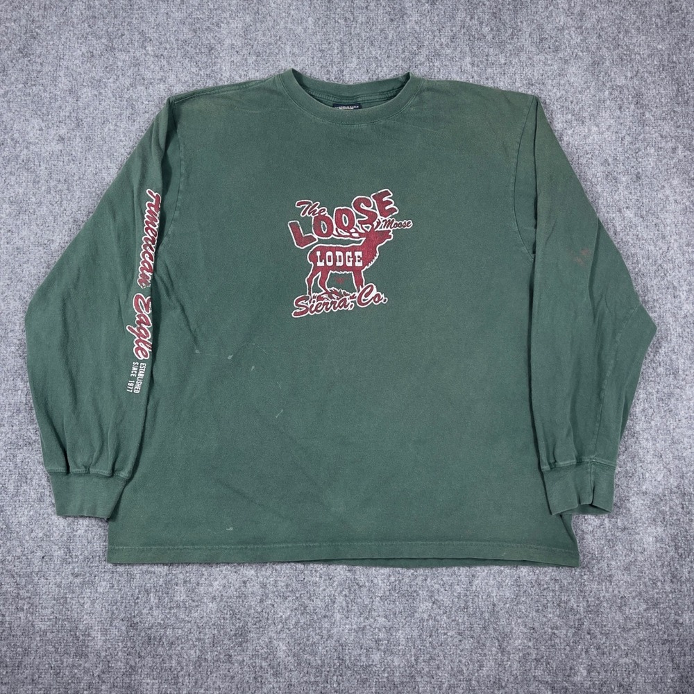 Y2K American Eagle Long Sleeve Shirt Mens XL Green Loose Moose Lodge Distressed